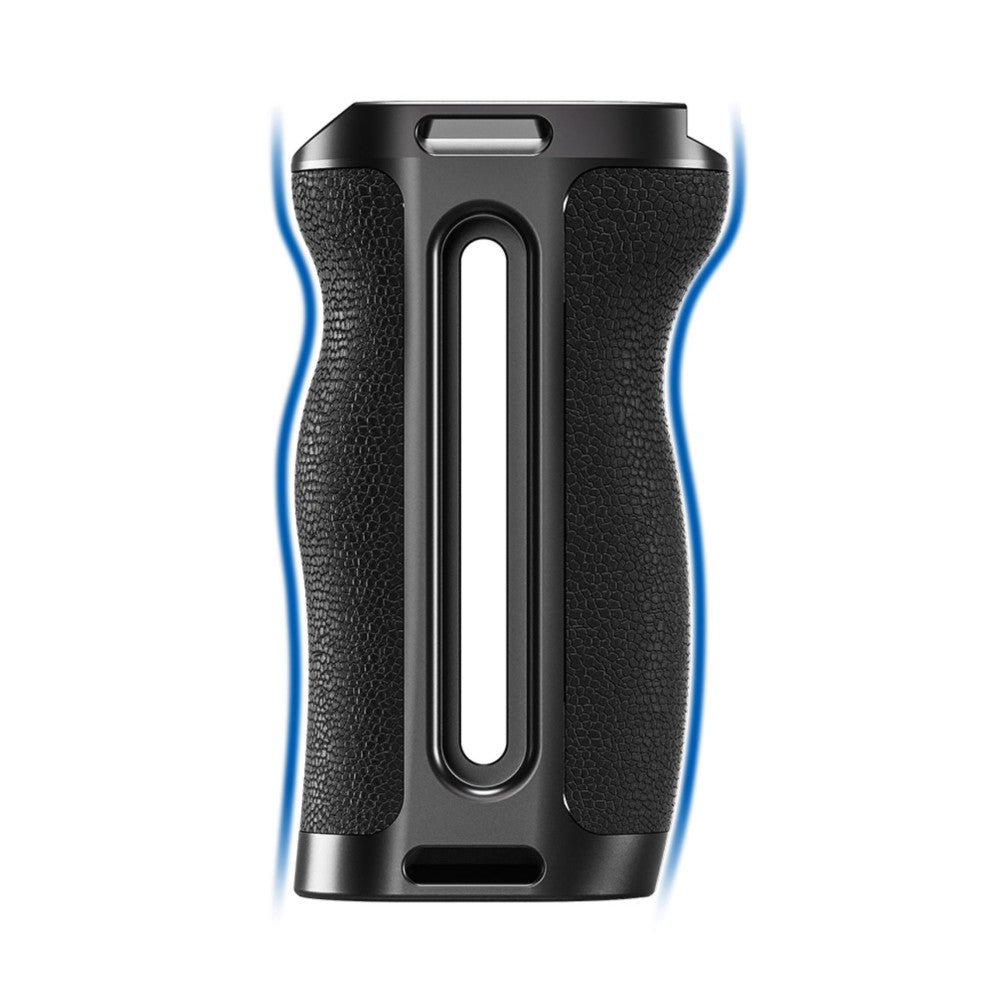 Black side handle with textured grip panels and central rail mount slot, front view with blue accent lines indicating grip ergonomics.