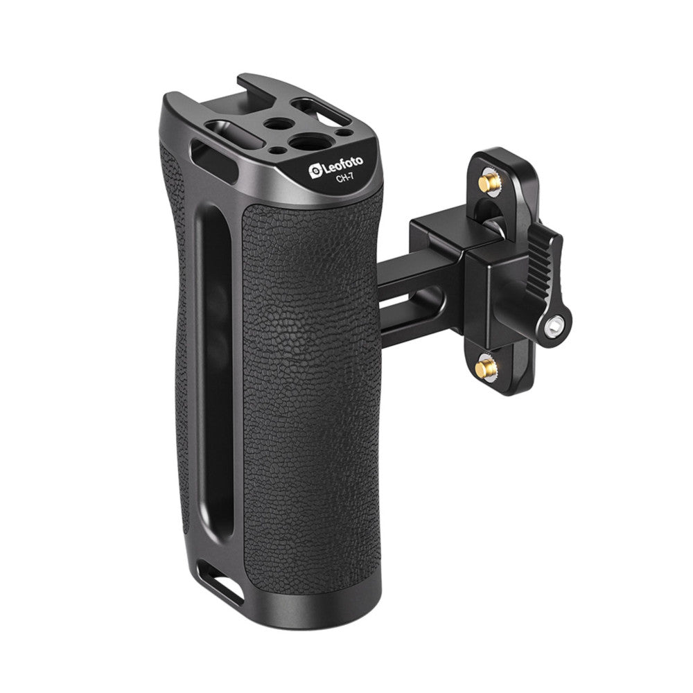 Black Leofoto CH-7 side handle with textured grip and attached rail mount bracket, shown at an angle against white background.
