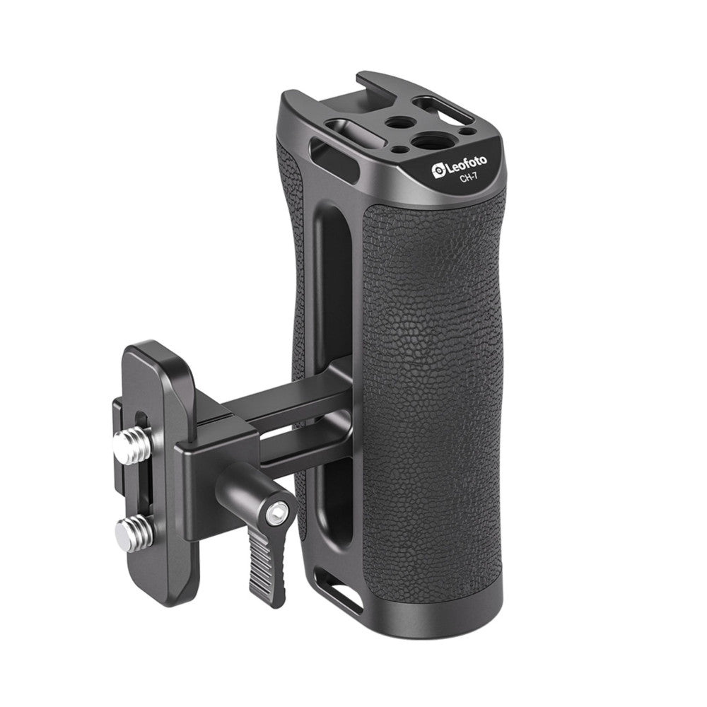 Black Leofoto CH-7 side handle with textured grip and attached rail mount bracket, shown at angle against white background.