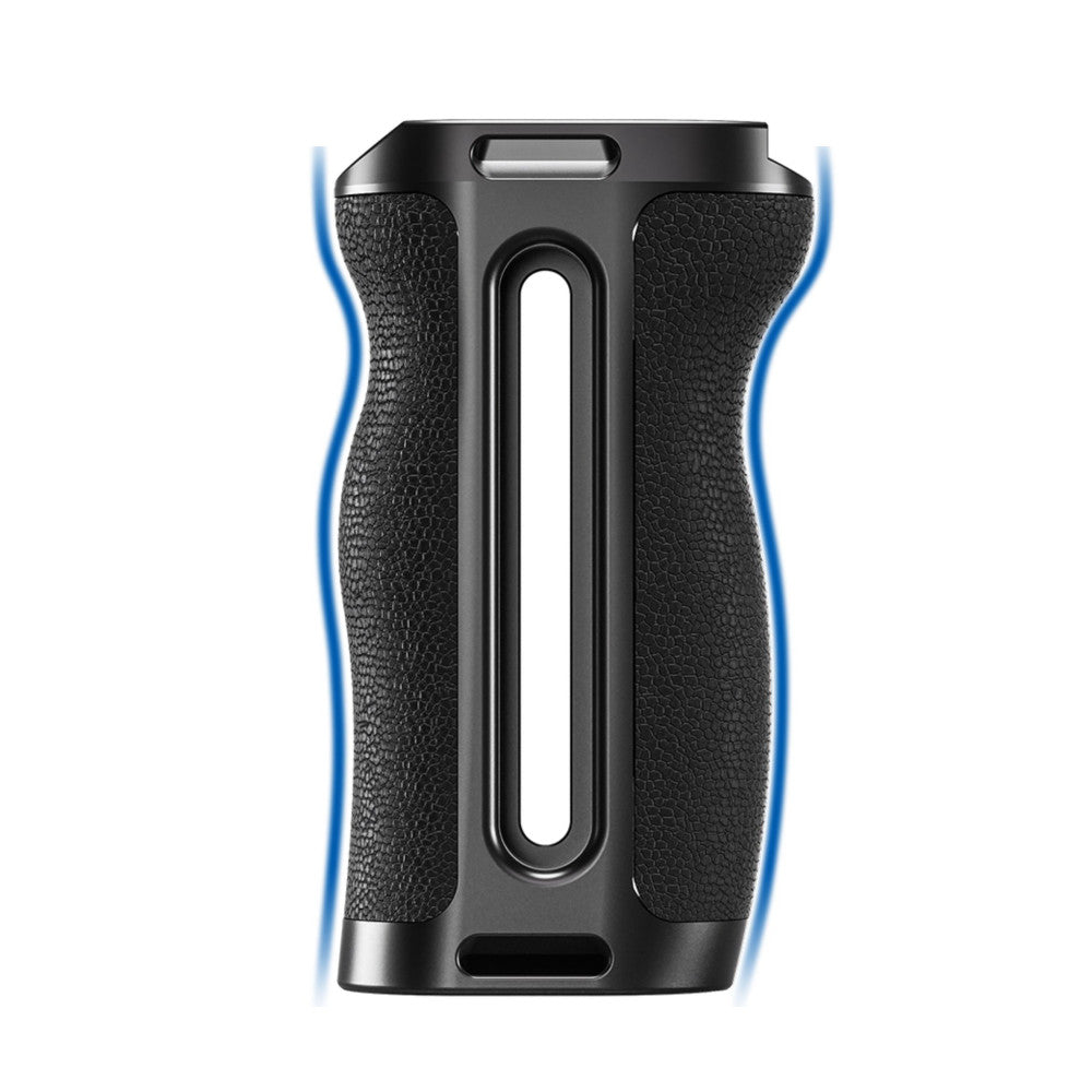 Black side handle with textured grip panels and central mounting slot, shown in front view against white background with blue curved lines indicating grip ergonomics.