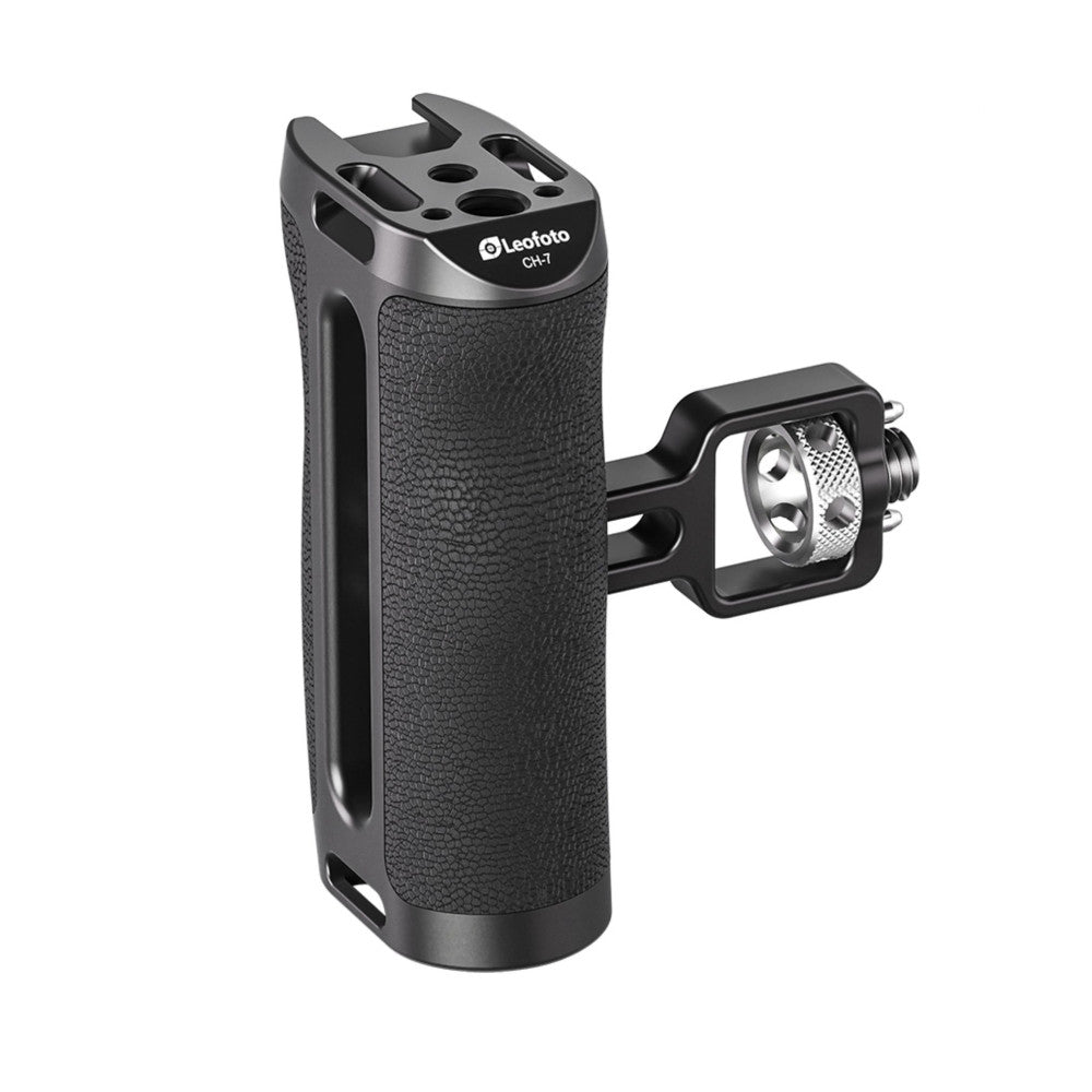 Leofoto CH-7 side handle with textured grip and Arri mount attachment, shown at angle against white background.