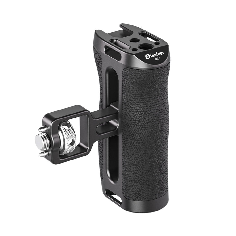 Black Leofoto CH-7 side handle with textured grip and Arri mount connector, shown at an angle against white background.