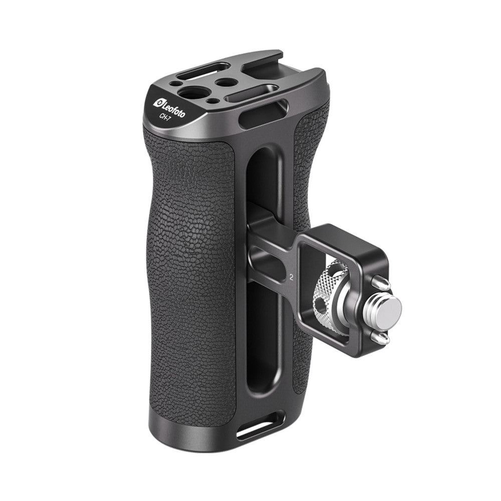 Black side handle with textured grip and Arri mount attachment, shown from angled front-right view against white background.