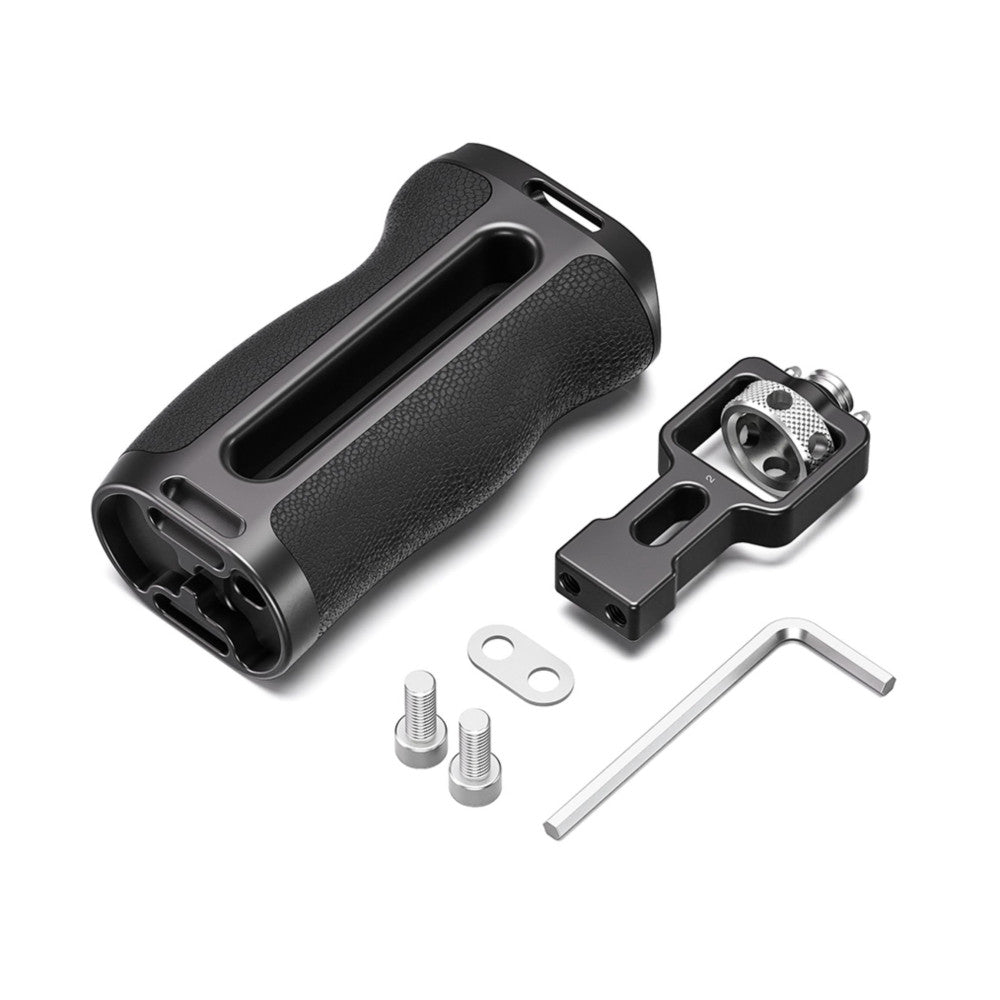 Leofoto CH-7-2 side handle with Arri mount shown disassembled with components including grip, mounting bracket, screws, plate, and hex wrench on white background.