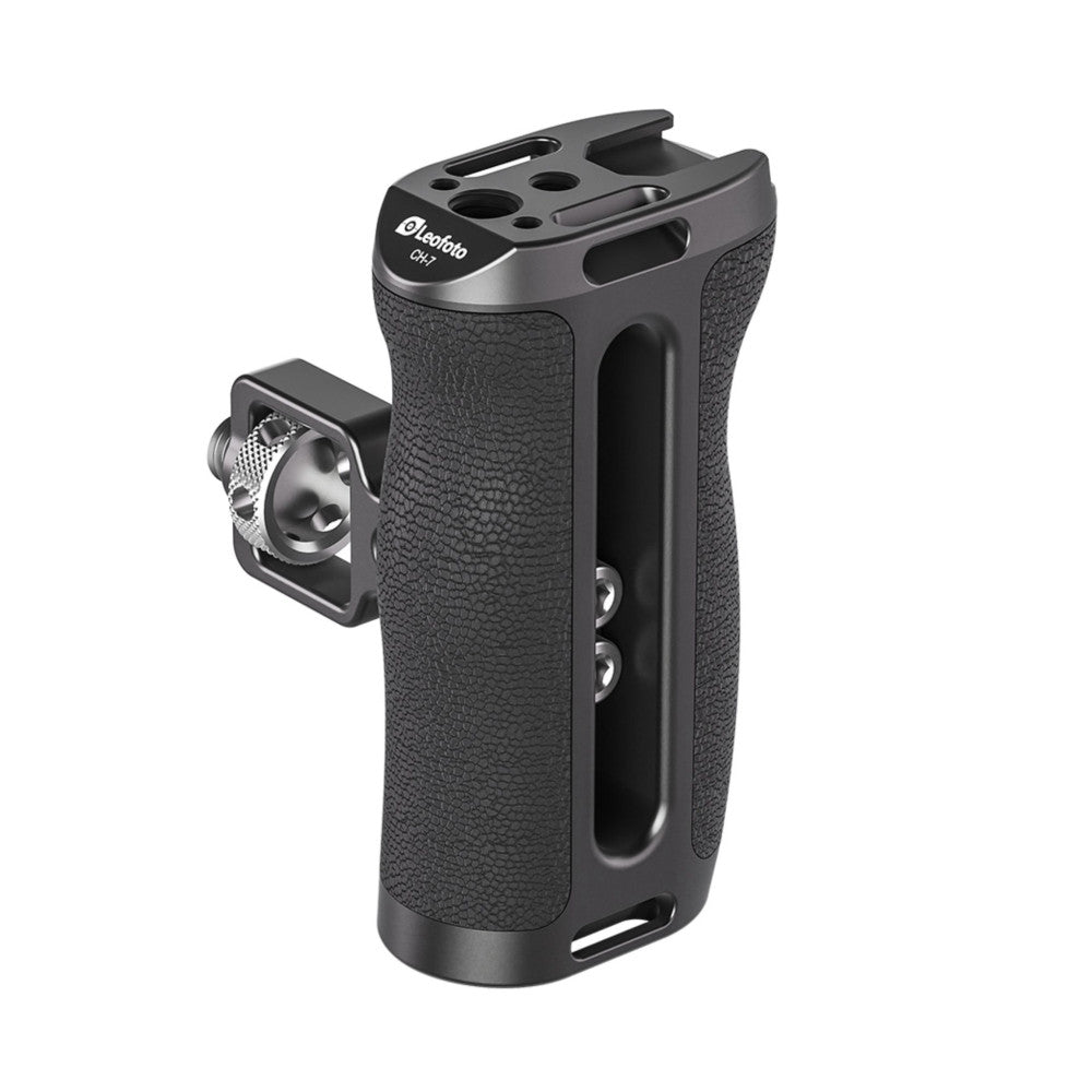 Black side handle grip with textured surface and attached Arri-compatible mount, shown at three-quarter angle against white background.