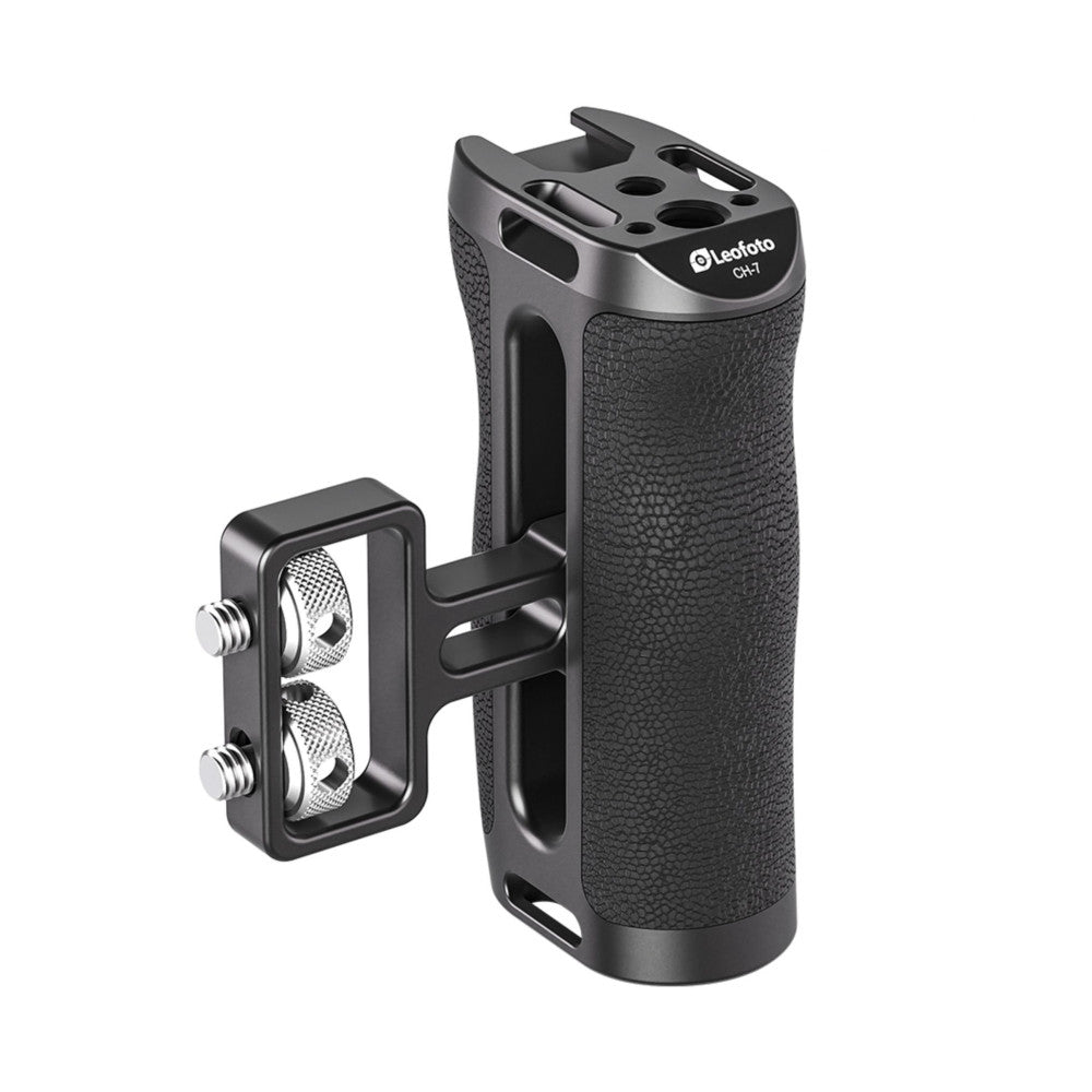 Black camera side handle with textured grip and detachable LED light module showing adjustment screws, isolated on white background.