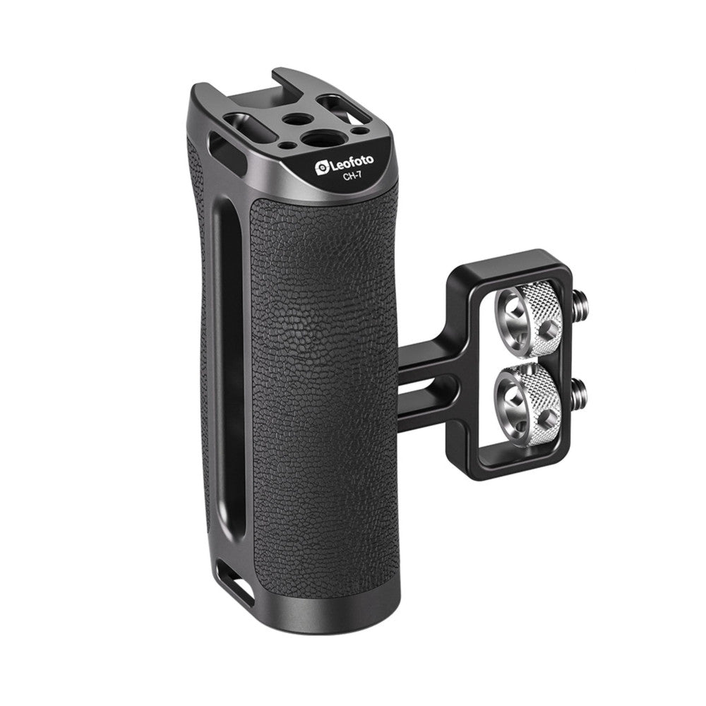 Black Leofoto CH-7 side handle with textured grip shown at angle, displaying main handle body and detached dual 1/4 screw mount bracket.