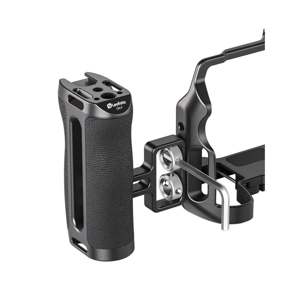 Leofoto CH-7-3 side handle shown from front and side angles, displaying textured grip, metal mounting plate with dual 1/4" screws, and attachment mechanism.