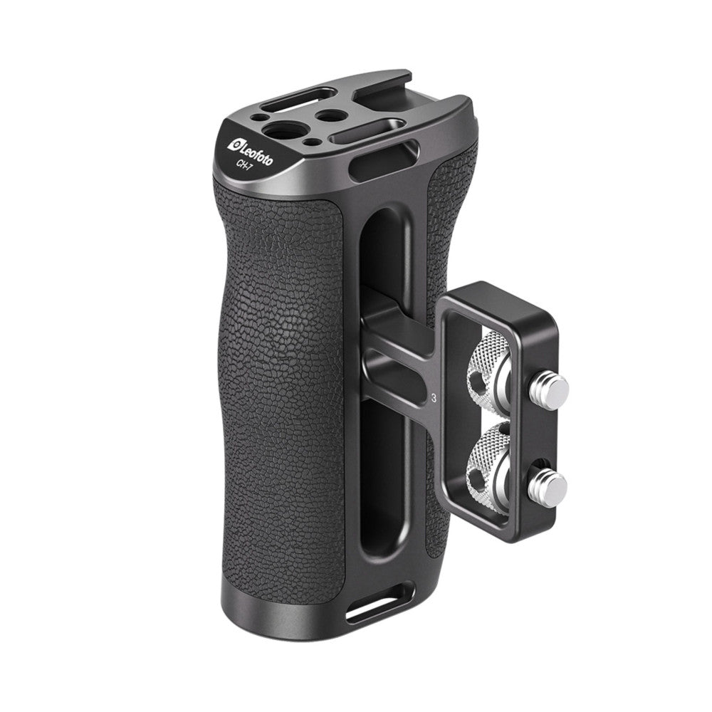 Black side handle with textured grip and metal top plate, shown at three-quarter angle with side-mounted bracket featuring two adjustment knobs.