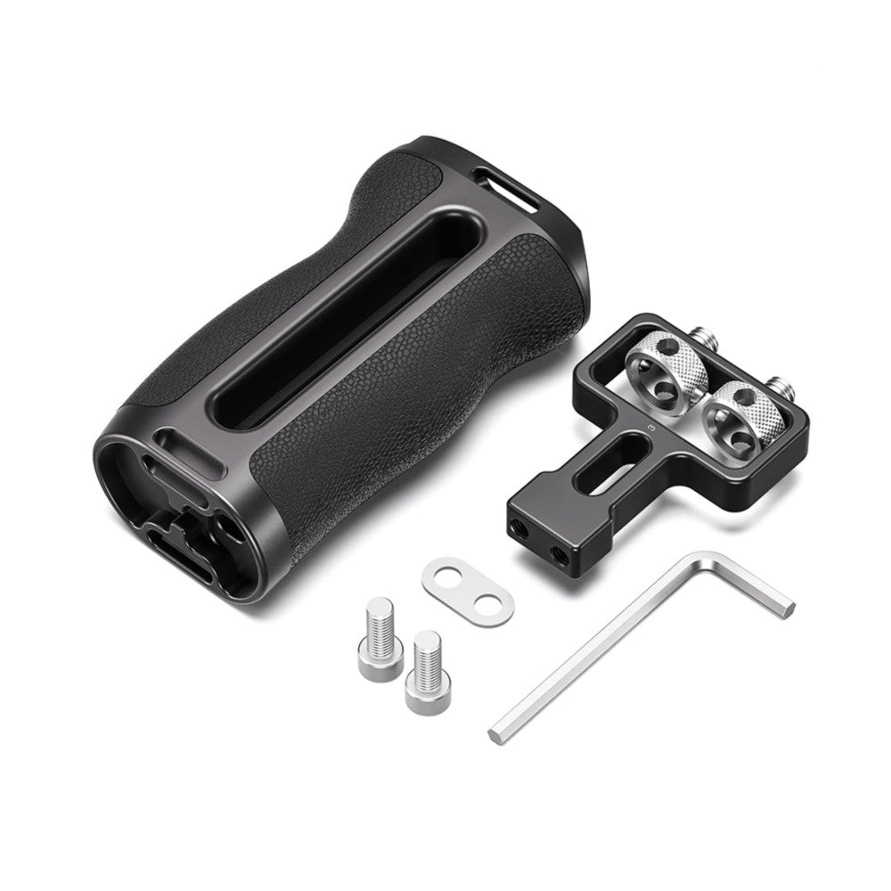 Leofoto CH-7-3 side handle with components laid out flat, showing the black rubber grip, mounting bracket, two screws, washers, and hex wrench.