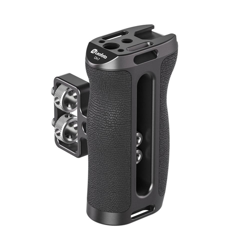 Black side handle with textured grip and dual metal mounting points, shown at three-quarter angle against white background.