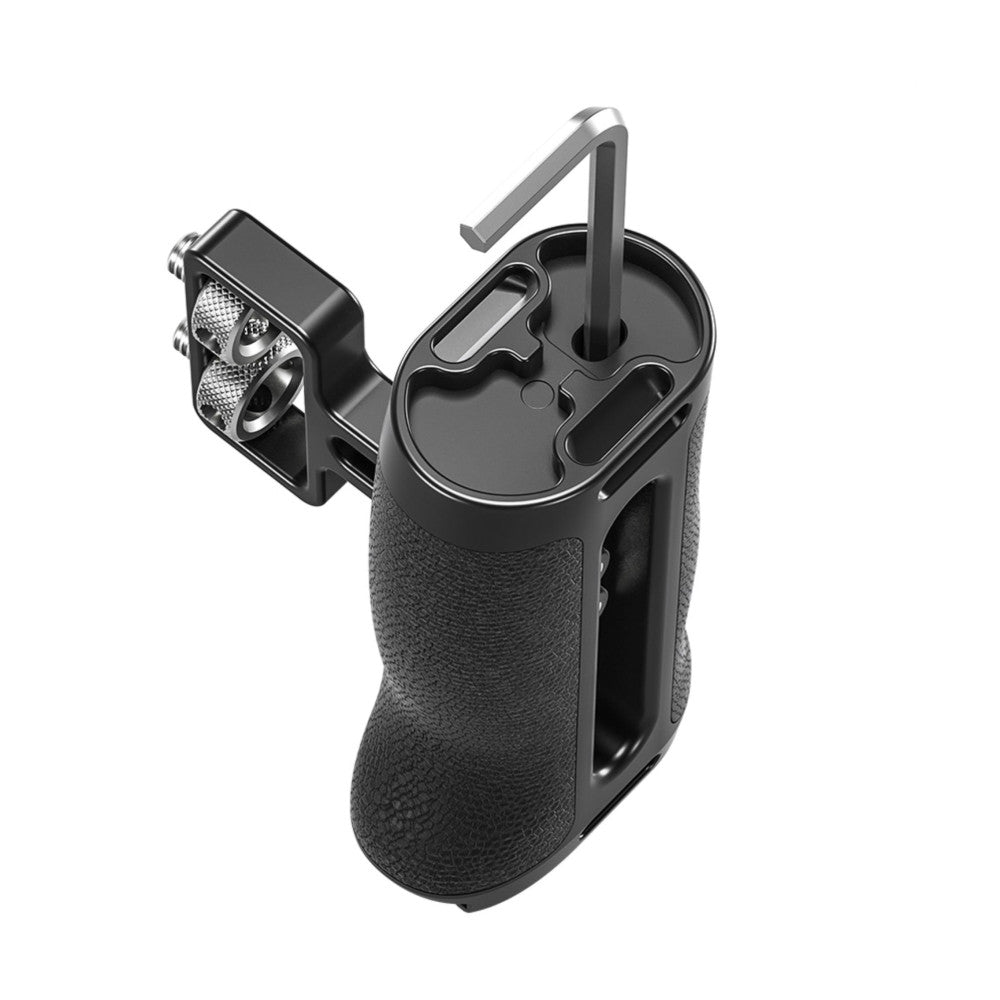 Isometric view of black side handle with textured grip, articulated arm, and mounting hardware against white background.