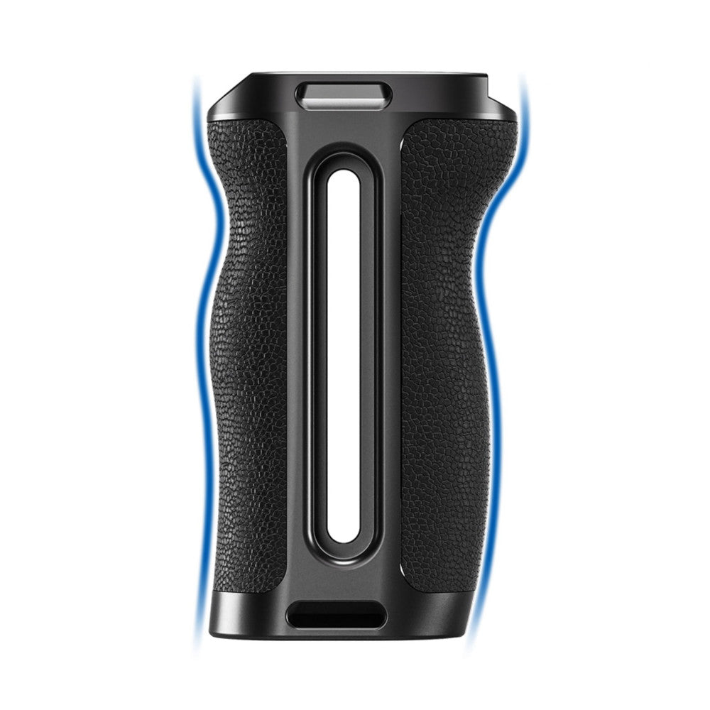 Black side handle with textured grip panels and central mounting slot, shown in front view with blue lighting effects on sides.