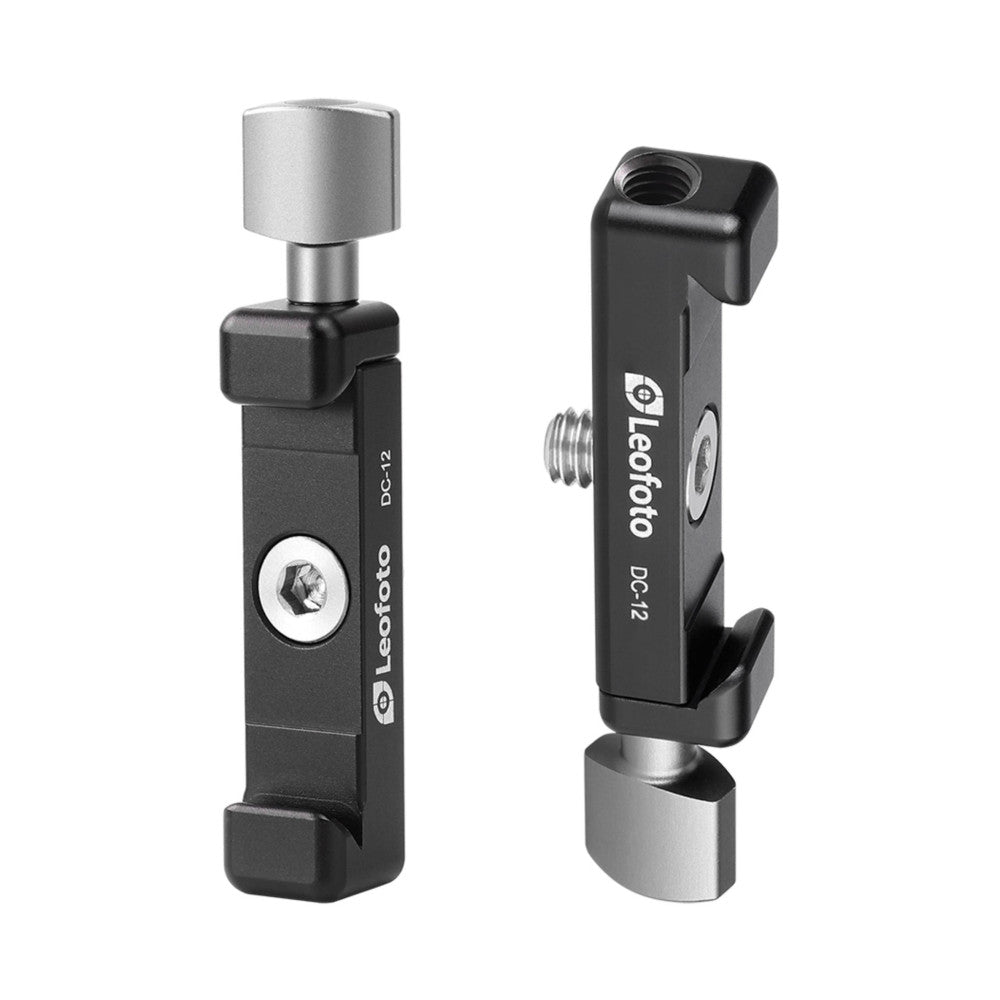 Two views of a black Leofoto DC-12 mini clamp showing the front and side angles with silver metal components and adjustment knobs.