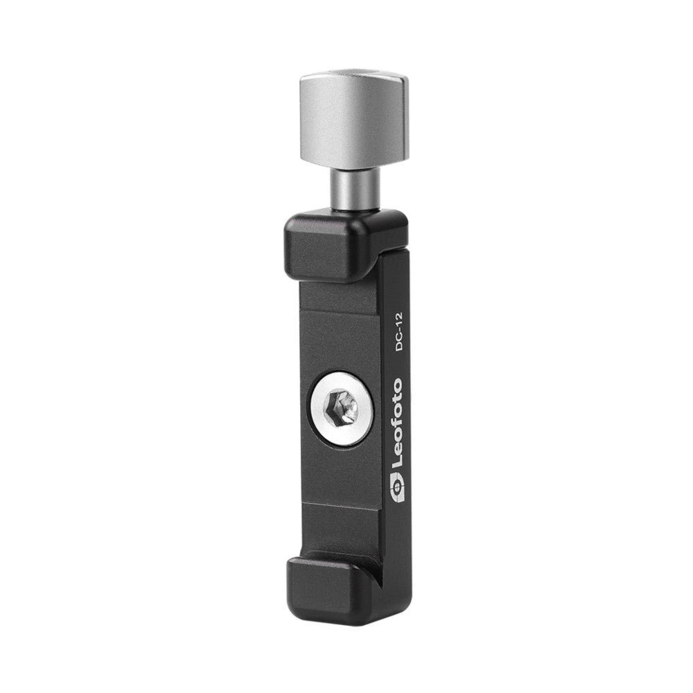 Black and silver Leofoto DC-12 mini clamp photographed against white background, showing front and side angle view with visible branding and adjustment knob.