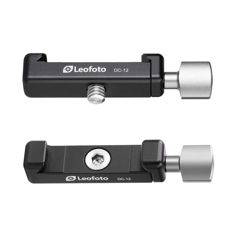 Two views of the Leofoto DC-12 mini clamp shown from the side, displaying the adjustment screw and Arca Swiss mounting interface.