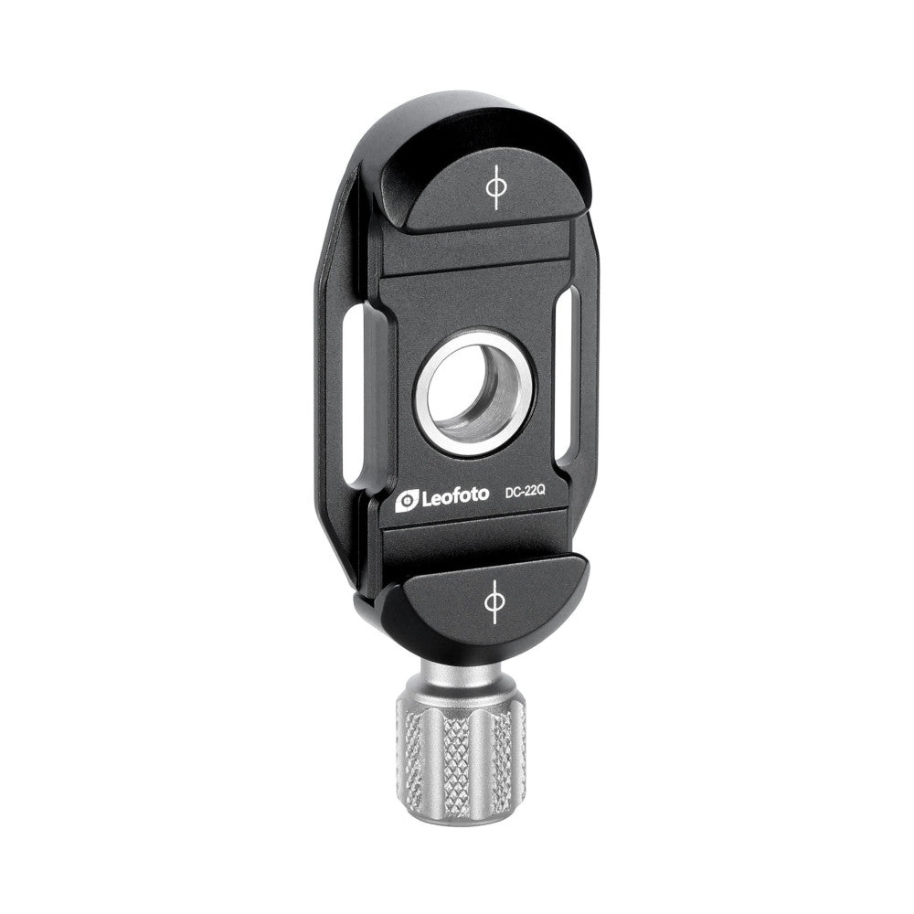 Black Leofoto DC-22Q Arca Swiss clamp with circular opening, shown front view against white background with metal knurled base visible.