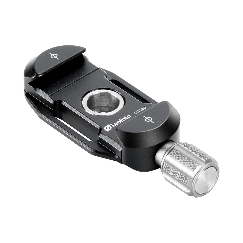 Black Arca Swiss clamp with integrated QD socket, shown from angled side view against white background, featuring threaded metal base.