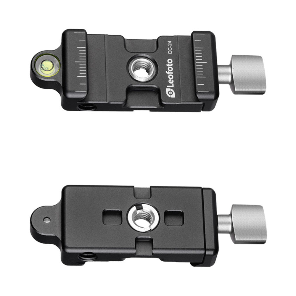 Top and bottom views of black Leofoto DC-24 Arca clamp with built-in bubble level, showing threaded knob and mounting features.