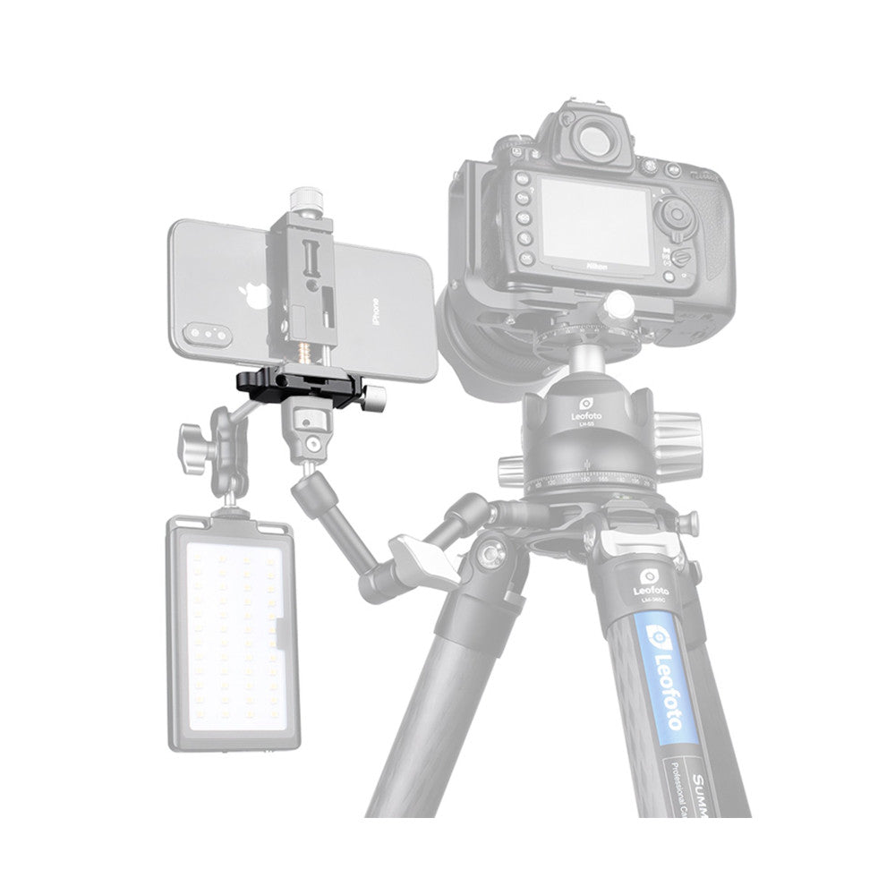 Leofoto mini clamp mounted on tripod head holding smartphone and DSLR camera in multi-device setup demonstration.