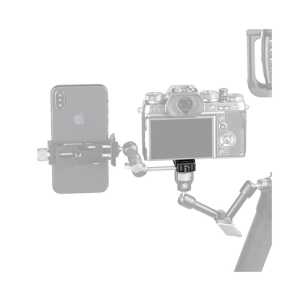 Leofoto DC-24 mini clamp mounted on camera rig with smartphone and mirrorless camera setup in use demonstration.