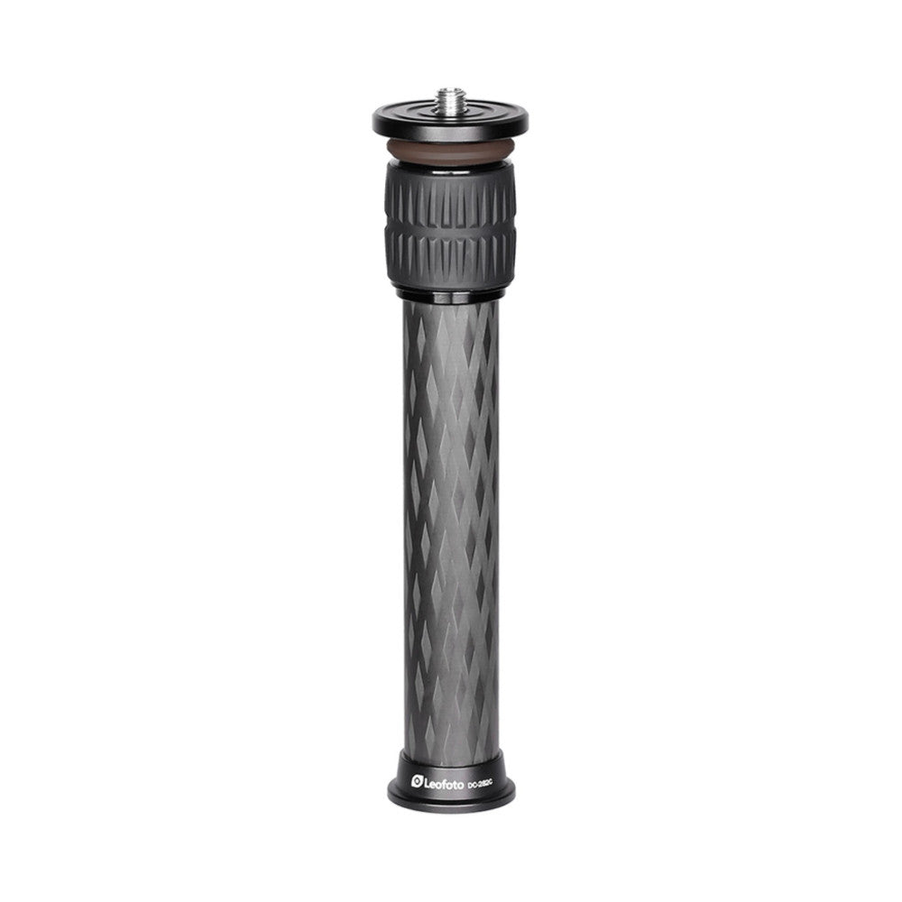 Leofoto carbon fiber center column shown straight-on from front, displaying textured shaft with rubber grip band and threaded mount top.