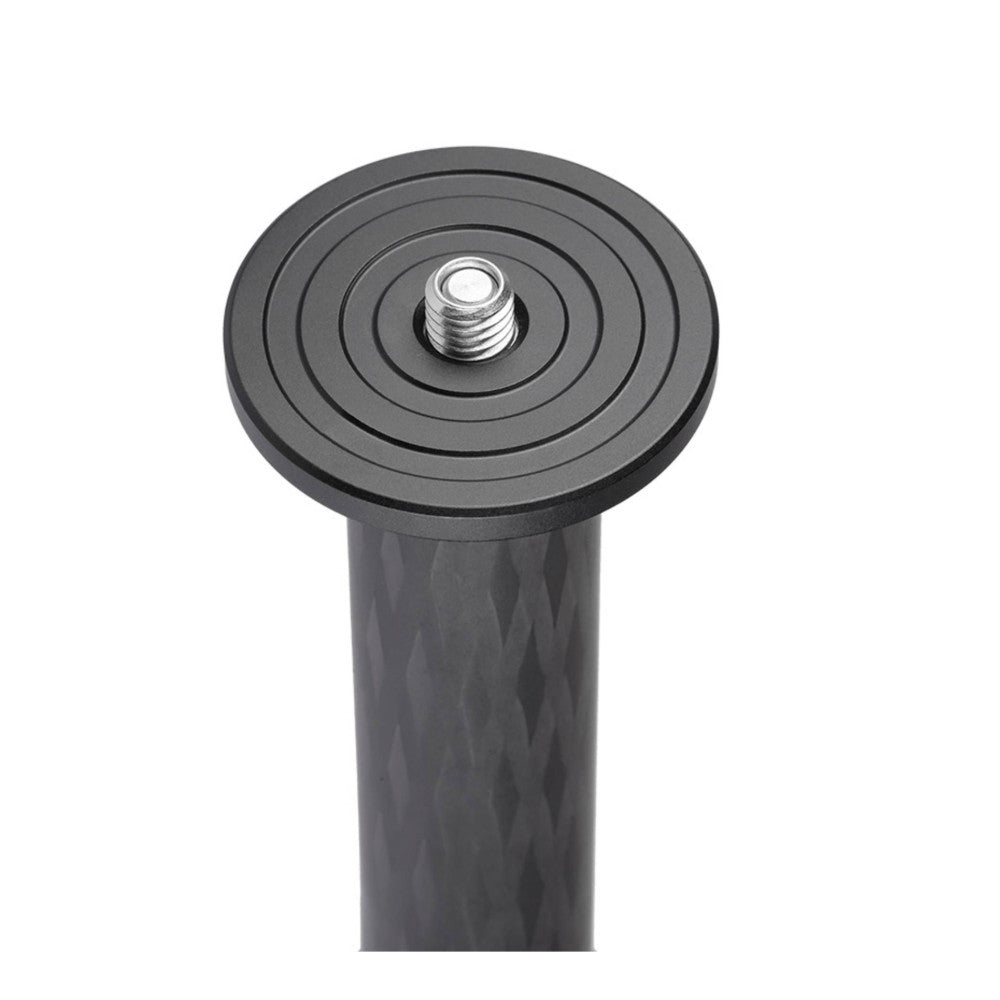 Top-down view of a carbon fiber center column with a circular mounting plate featuring concentric grooves and a threaded stud attachment point.
