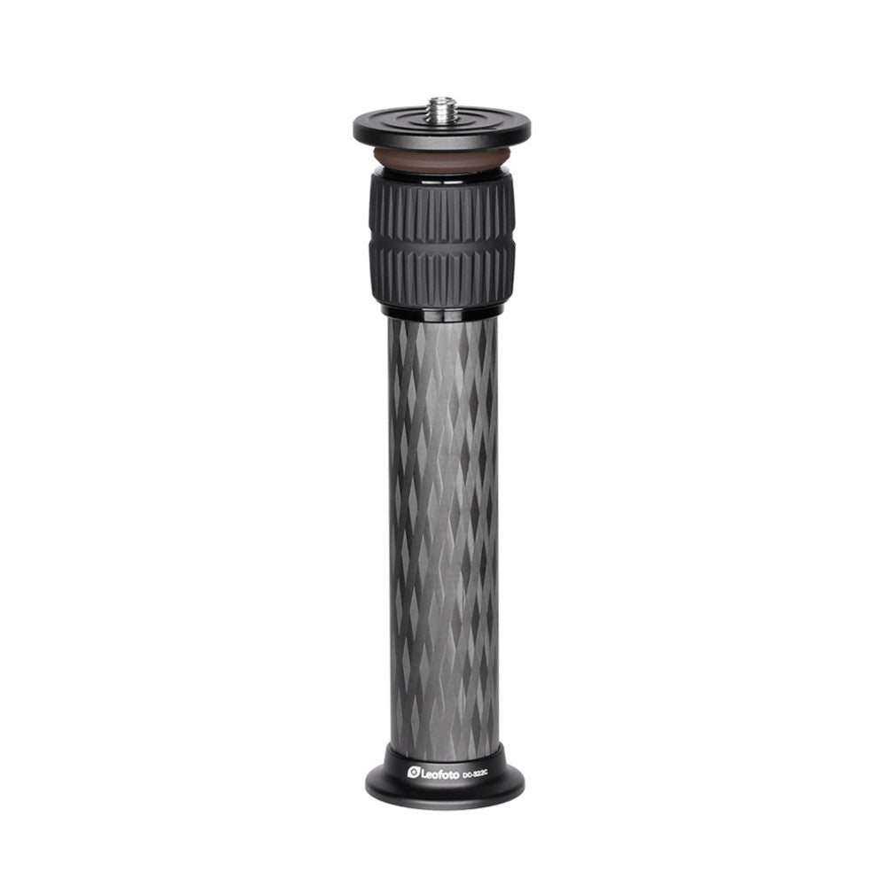 Leofoto DC-322C carbon fiber center column shown in front view against white background, displaying cylindrical shaft with diamond pattern and ribbed grip section at top.
