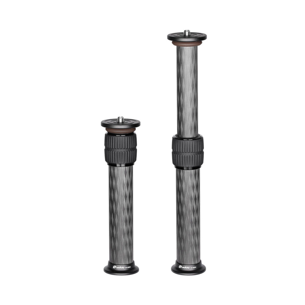 Two carbon fiber tripod center columns of different heights displayed side-by-side against a white background, showing extended and compact configurations.