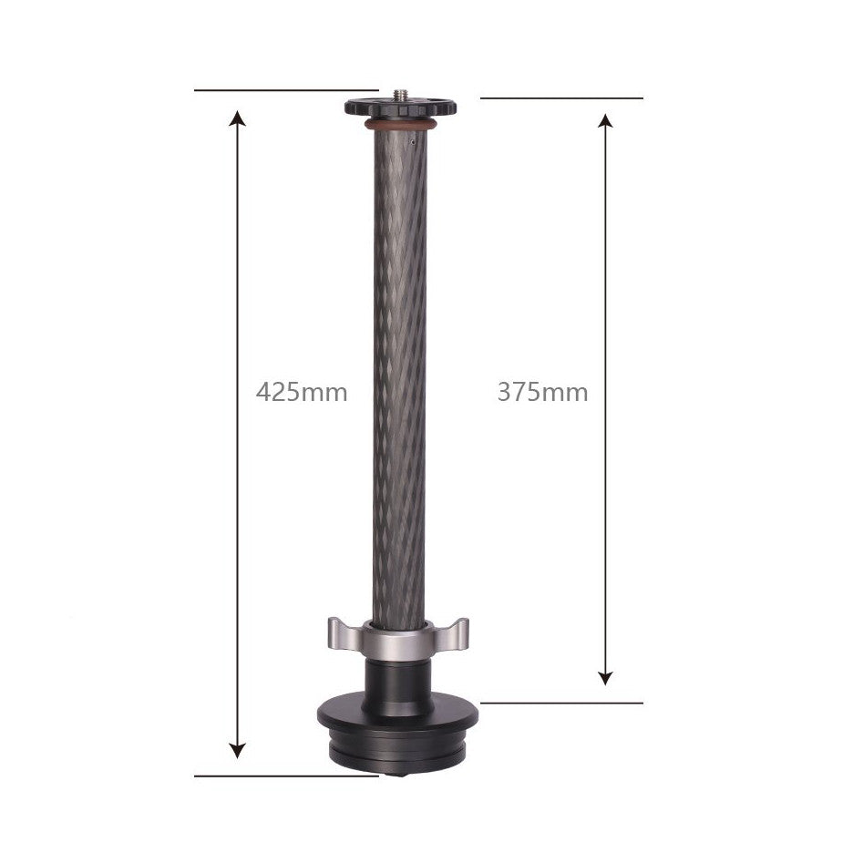 Side view of a carbon fiber center column with height measurements of 425mm and 375mm, showing the top mount plate and base with wingspan support feet.