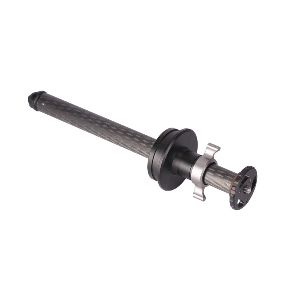 Side view of a black and silver center column with textured grip shaft and mechanical components against white background.