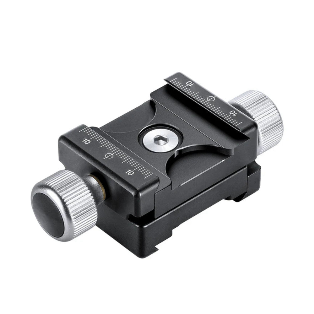 Black metal clamp with dual adjustment knobs and measuring scales shown at an angled three-quarter view against white background.