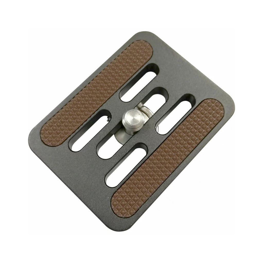 Top-down angled view of a gray quick-release camera plate with brown textured grip pads and a central ball-head mounting clamp.
