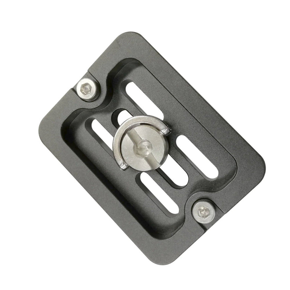 Overhead view of a gray metal double clamp with two cylindrical connectors, slot openings, and hex socket bolts on a white background.