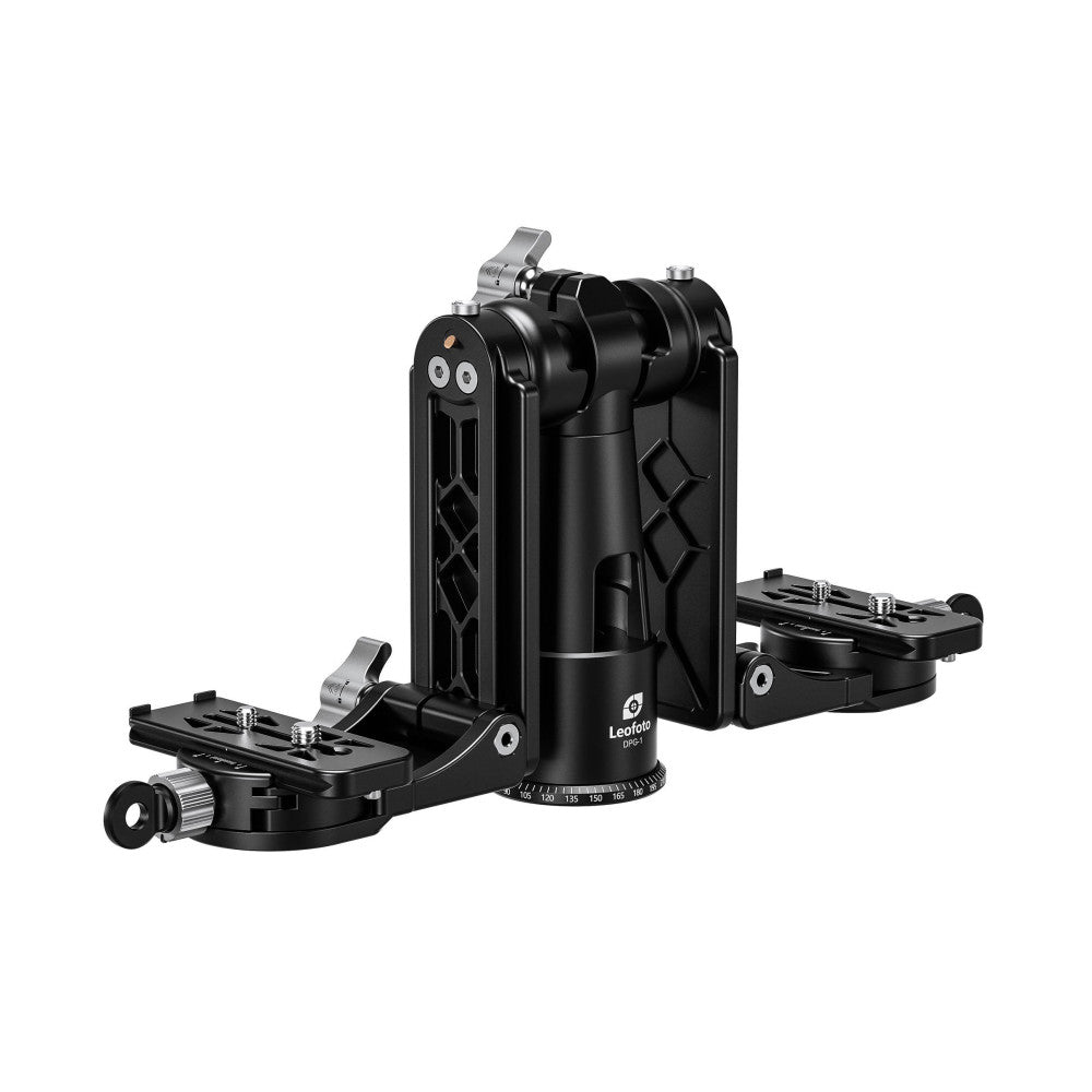 Leofoto DPG-1 gimbal head shown from angled front view displaying dual camera plates, central pan mechanism, and rotation scale markings.