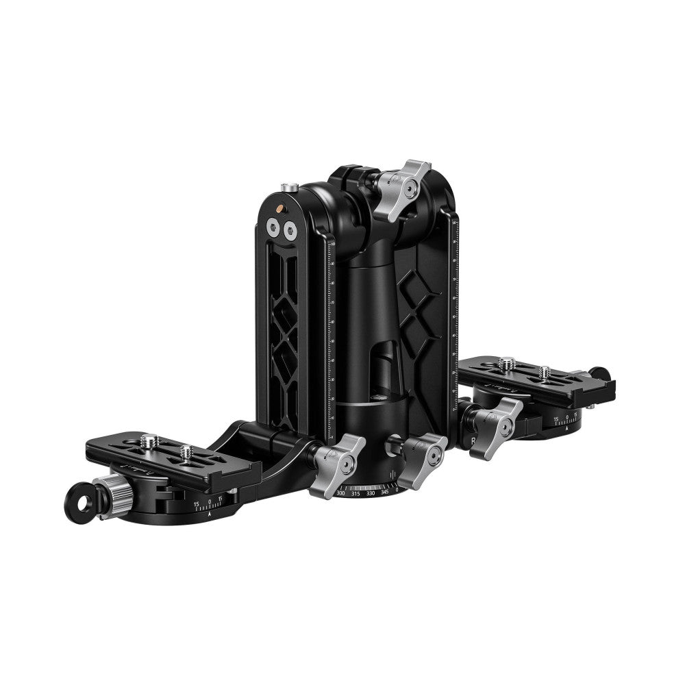 Leofoto DPG-1 gimbal head shown from front-angled view with dual mounting plates and adjustment knobs, displaying full assembly on white background.