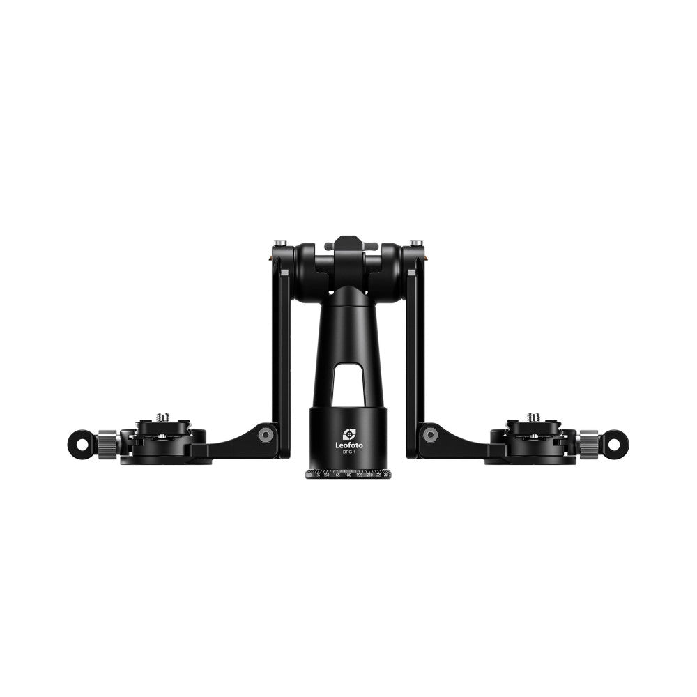 Top-down view of the Leofoto DPG-1 gimbal head showing the central column with dual side-mounted camera plates and adjustment scale.