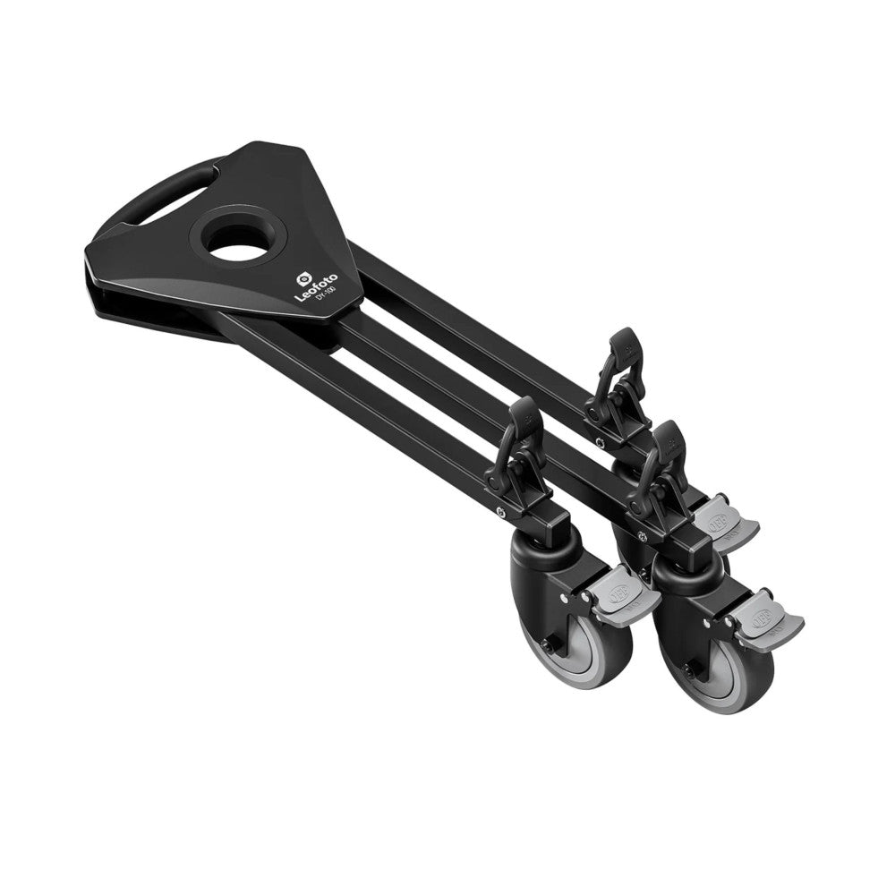 Black Leofoto DY-100 tripod dolly with three wheels and handle, shown at an angle against white background.