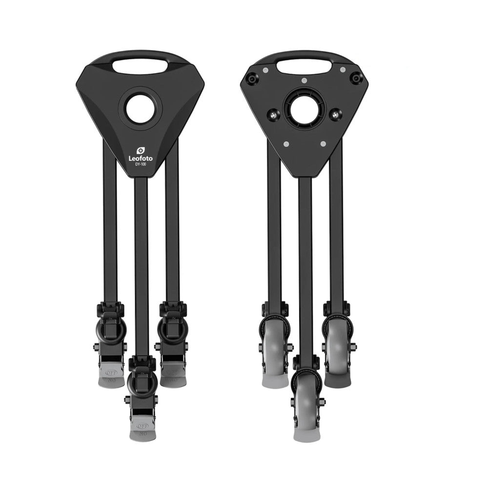 Front and rear views of black Leofoto DY-100 tripod dolly with three wheels and mounting plate.