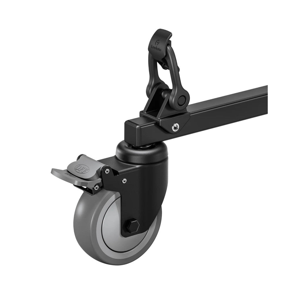 Side view of a black Leofoto DY-100 tripod dolly with a gray wheel and quick-release handle mounted on a horizontal rail.