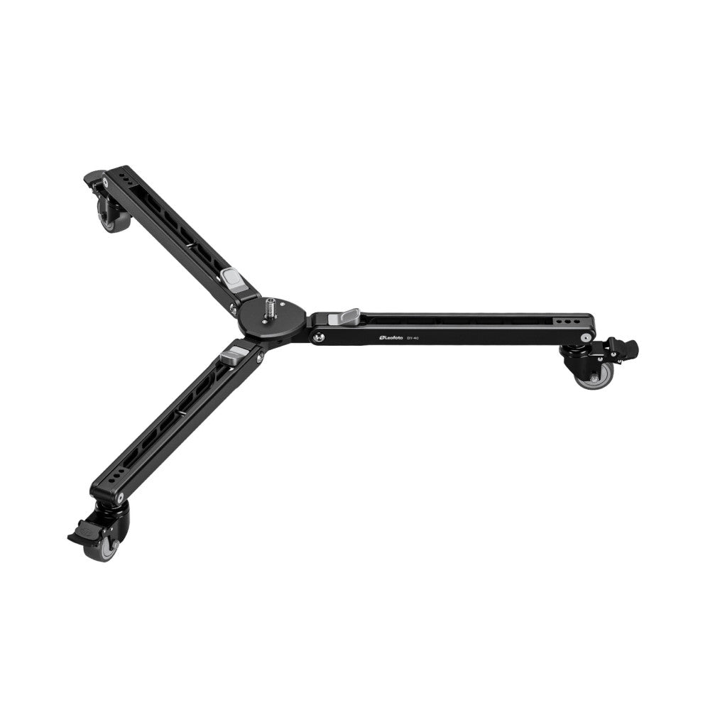 Black Leofoto DY-40 dolly shown from the side, displaying its extended horizontal boom arm with mounting head, wheels, and central pivot mechanism against a white background.