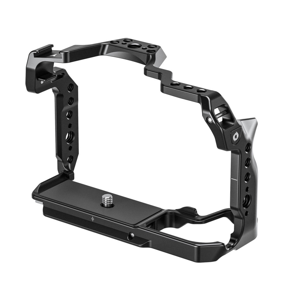 Black metal camera cage with mounting points and handles shown from an isometric angle against white background.