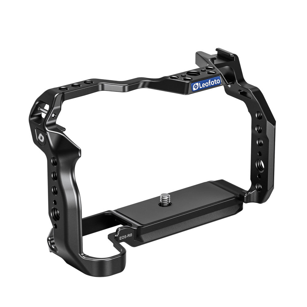 Black aluminum camera cage for Canon EOS R8 with mounting plate, shown from isometric angle against white background.