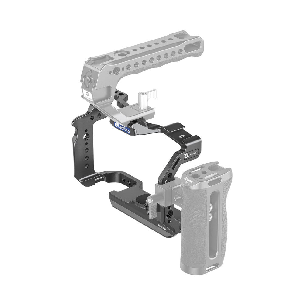 Leofoto EOS-R8 camera cage assembly shown at an angle, displaying the metal frame structure with top handle, side grips, and bottom baseplate for Canon EOS R8.
