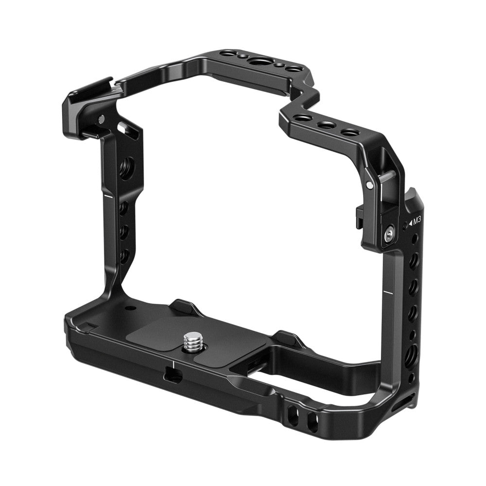 Black metal camera cage with mounting handles and adjustment knobs, shown in isometric view against white background.