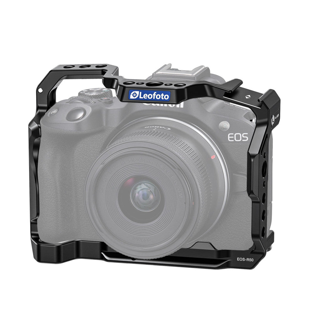 Black aluminum camera cage mounted on Canon EOS R8 mirrorless camera, shown from front-angled view with top handle and side grip visible.