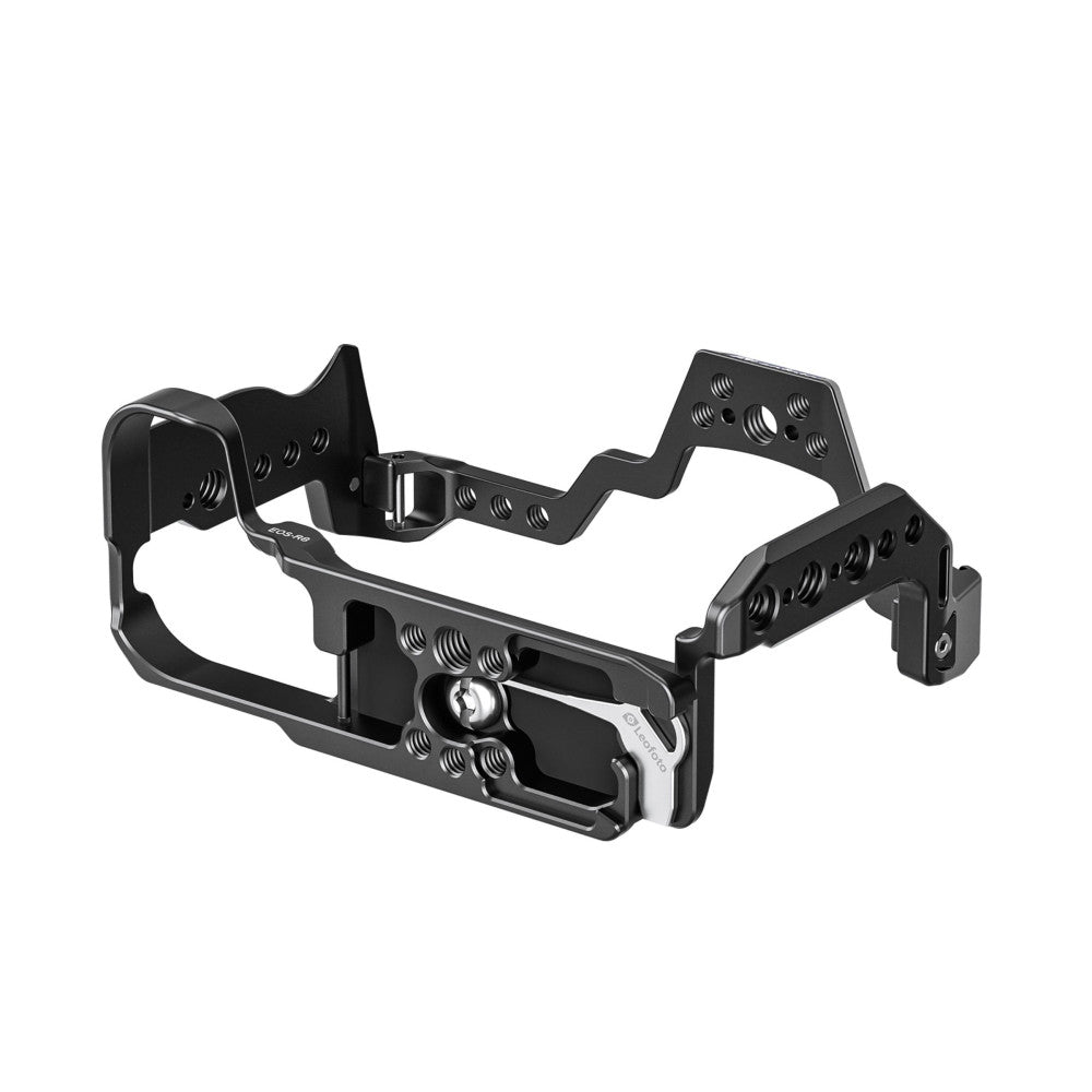Black aluminum camera cage with multiple mounting points and adjustment handles, shown in isometric view against white background.