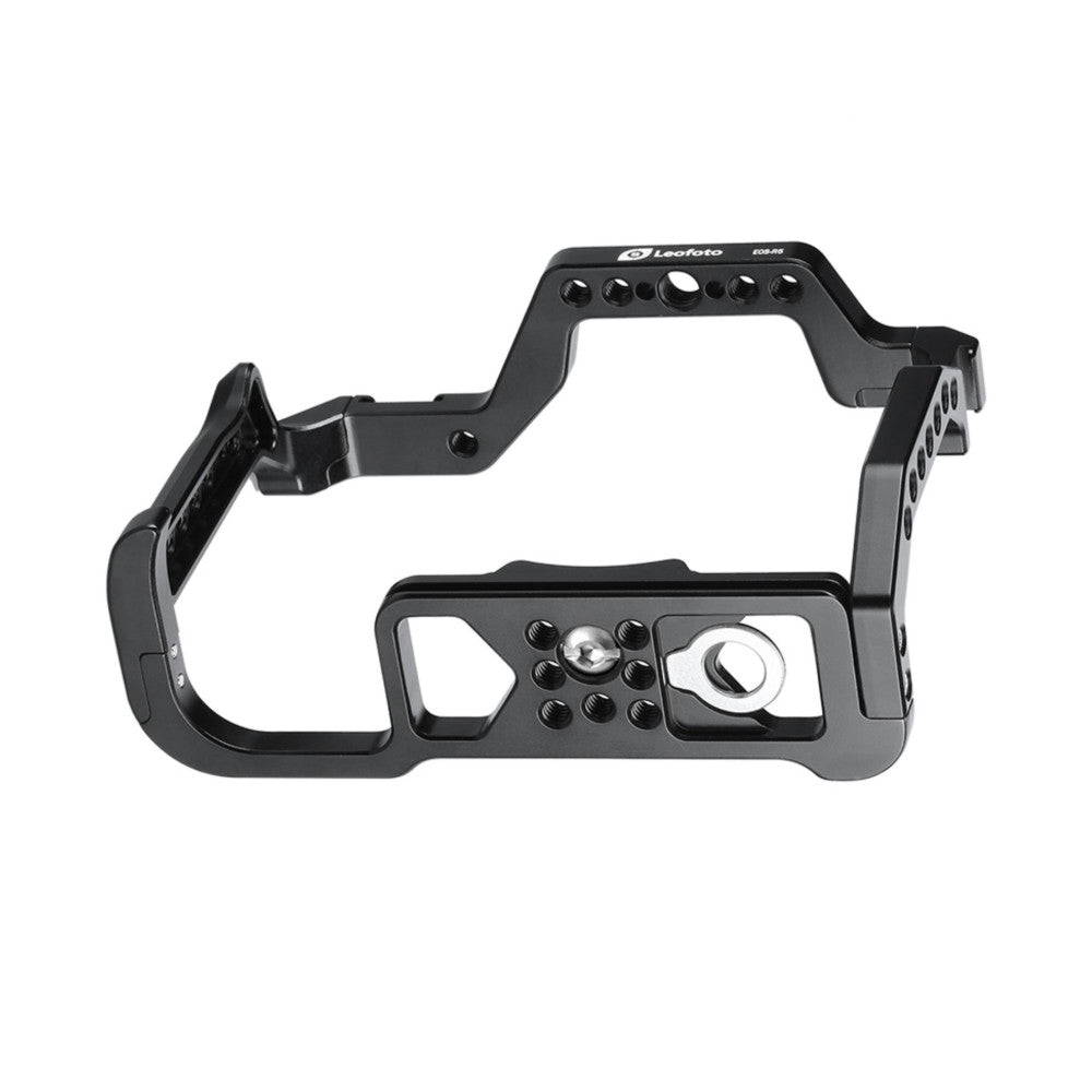 Black camera cage with aluminum frame showing side view, featuring mounting points, adjustment knobs, and grip handles for Canon EOS R8.