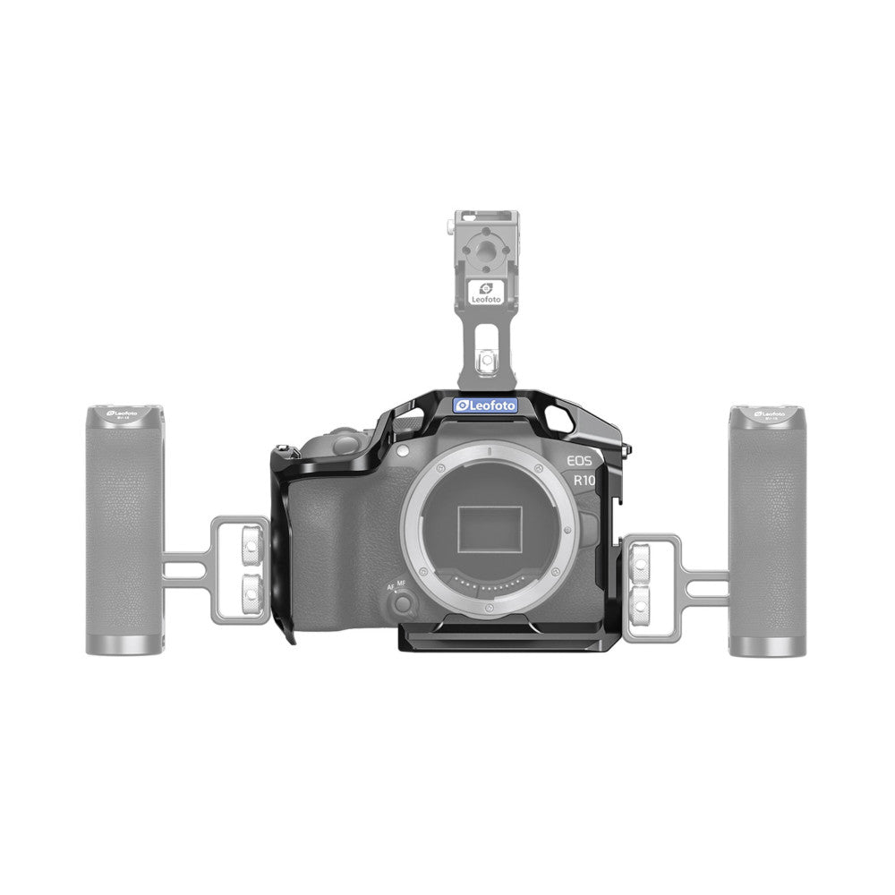 Canon EOS R8 camera mounted in Leofoto cage with side handles and top-mounted accessory shoe, shown from front-center view.