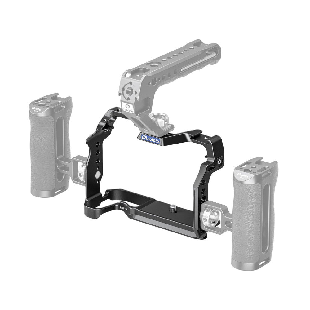 Leofoto EOS-R8 camera cage shown as an isometric 3D render with side handles and top mounting plate for Canon EOS R8.